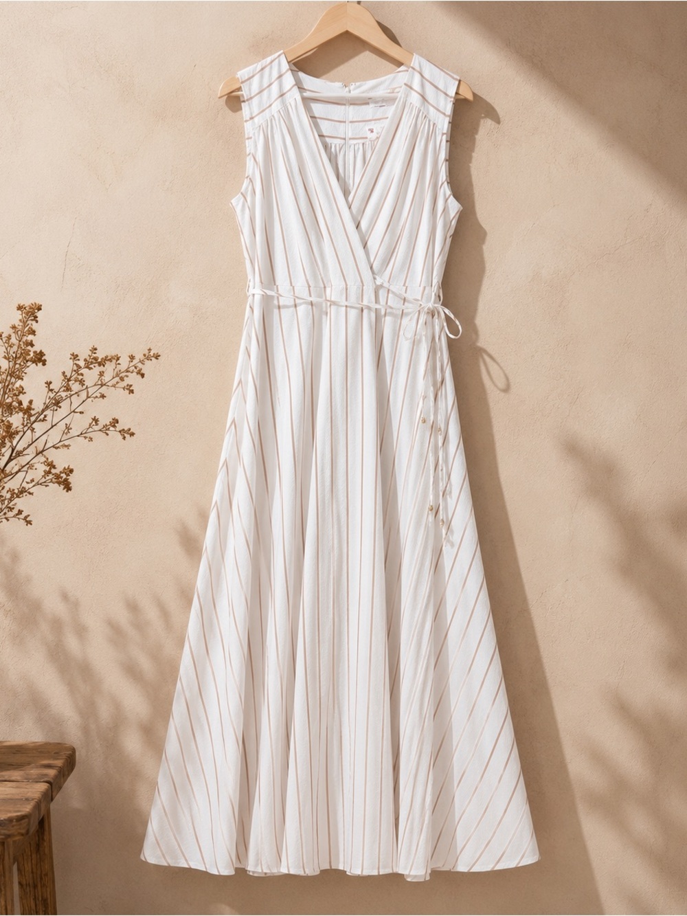 Calvin Klein Cream and White Striped Wrap Midi Dress - Picture 6 of 9
